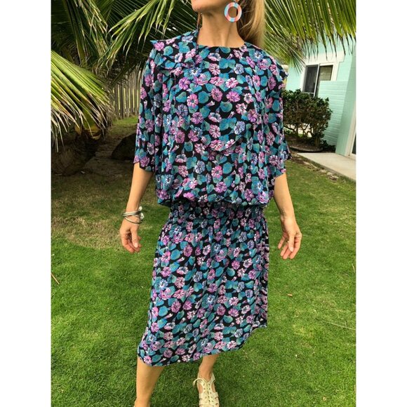 Vintage 80s does 20s Dropped Waist Tropical Hawaiian Flowy Dress | Small Medium - Picture 10 of 10